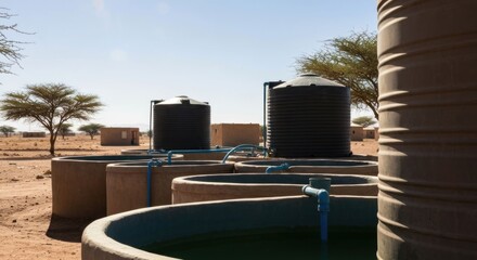 Water tanks and cisterns in a desert landscape