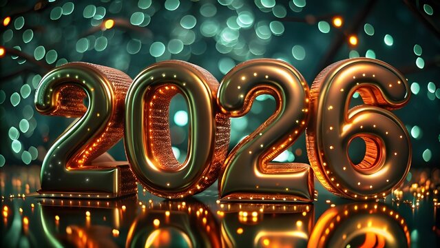 Metallic 2026 numbers with glowing dots and reflective surface, evoking a sense of modern celebration and anticipation for the new year.