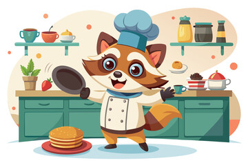 A cheerful raccoon chef preparing pancakes in a cozy kitchen isolated on white background, ready to serve a delicious meal