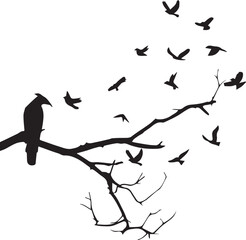 Crow on a Branch with Flying Birds Silhouette