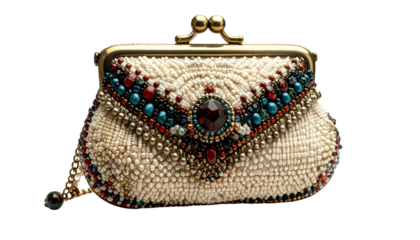 Beaded clutch purse with gem details and a brass clasp on black
