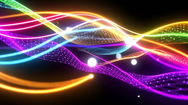 Vibrant wave forms light up the dark background with fluid motion, showcasing a blend of colors that evoke energy and creativity, perfect as a backdrop or design element.