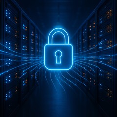 Digital Security and Data Protection: A striking visual of a glowing lock overlaid on a network server room, symbolizing robust digital security, data protection, and network safety.