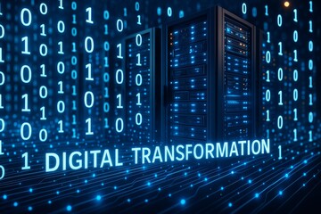 Digital Transformation and Technology: Showcasing cutting-edge technology and its impact, this image presents a futuristic representation of a modern datacenter, data streams, binary code.