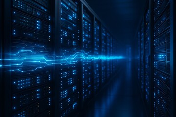 Server Room: A network of interconnected server racks pulses with vibrant digital activity. The scene evokes a sense of futuristic advancement.