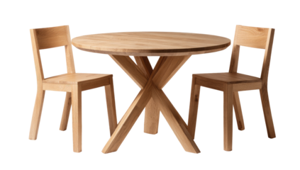 Light-brown wooden round table with two chairs.  A simple,  x-shaped table base supports a round tabletop.  Two matching chairs flank the table.  All pieces have a smooth, natural finish