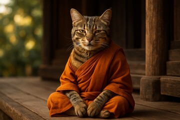 Zen Cat's Contemplation: A serene cat, donned in traditional robes, meditates peacefully in a tranquil setting, embodying the spirit of inner peace and spiritual awareness.