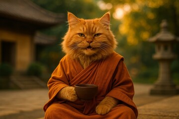 Serene Cat Contemplation: A majestic cat, dressed in a traditional orange robe, sits peacefully while holding a cup, radiating tranquility. The setting sun casts a warm glow.