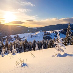 Snowy mountain landscape at sunset