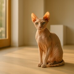 Sphynx Cat in Warm Light: A captivating Sphynx cat, with its unique, hairless coat, sits elegantly, bathed in the soft, warm light, showcasing its regal posture and striking gaze.