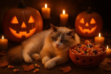 Spooky Halloween Cat Scene: A serene feline rests amidst Halloween pumpkins, candles and candy, embodying the essence of autumn and holiday cheer. 