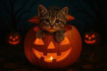Halloween Kitten's Embrace: A curious kitten sits inside a carved pumpkin lantern. It has a look that blends the innocence of youth with the spooky allure of Halloween.