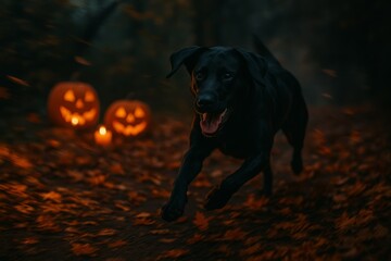 Enigmatic Halloween Night: A sleek black dog bounds joyfully through a forest, with eerie, carved pumpkins casting an orange glow.