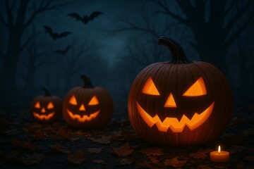 Spooky Pumpkins in the Night: Three carved jack-o'-lanterns glow in the dark, casting eerie light amidst the trees. A bat flies against the misty backdrop, adding to the atmosphere of Halloween.