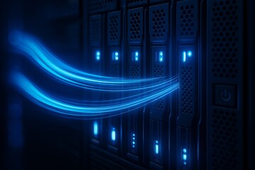 Cybernetic Infrastructure: The image captures a sleek, high-tech server rack with glowing blue lines, highlighting the complex and essential functions of a modern data center.