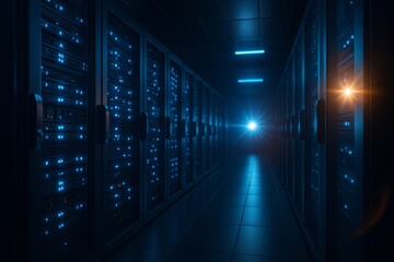 Server Room - Gateway to Digital Realm: A futuristic, dim-lit server room, illuminating a pathway of digital data and network connections. Envisioning the seamless flow of information