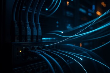 Data Flow: A network hub, with a myriad of cables, pulsating with the lifeblood of data, weaves a futuristic tapestry. A close-up study showcasing the connectivity and the invisible paths