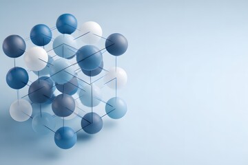 Isometric graphic of connected blue sphere structure on light background