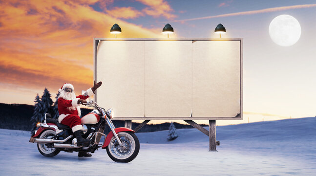 Biker Santa Claus and blank advertising board