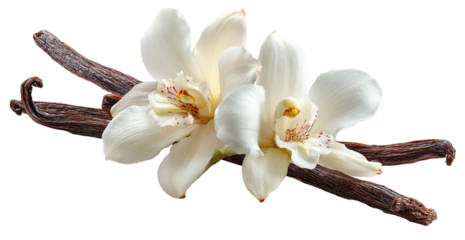 Two delicate white orchids rest atop dark brown vanilla beans