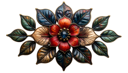 Ornate metal floral emblem, layered petals and leaves