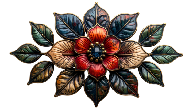 Ornate metal floral emblem, layered petals and leaves