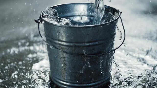 Fresh water overflowing from a metal bucket creating dynamic splashes.