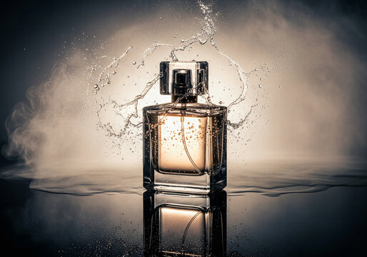 Elegant square glass perfume bottle with a dramatic water splash and reflection on a dark background