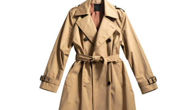Beige trench coat, belted and buttoned, on black background