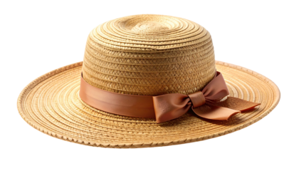 Woven straw hat with wide brim and brown ribbon bow detail