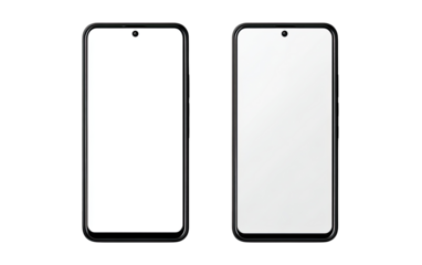 Two blank smartphones, side-by-side, with black frames and white screens.  Each phone has a small hole-punch camera cutout