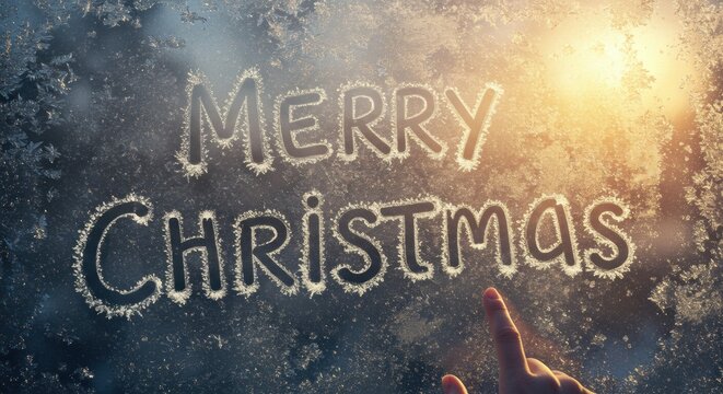 Frosty christmas message on icy window with sunlight - Powered by Adobe