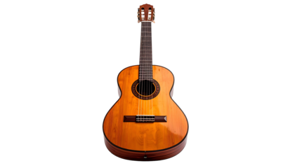 Classical guitar, center view, warm wood tones against dark backdrop