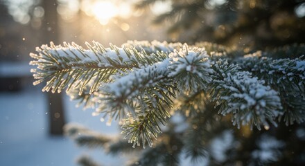 Sunlit snow-covered pine branches in winter wonderland