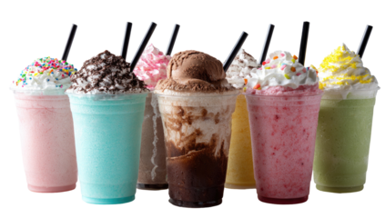 Assorted colorful frozen drinks in plastic cups