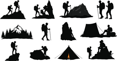 Adventure hikers and mountain climbers silhouette vector illustration set, featuring trekking, camping, and outdoor exploration scenes with tents, peaks, and forest landscapes isolated.