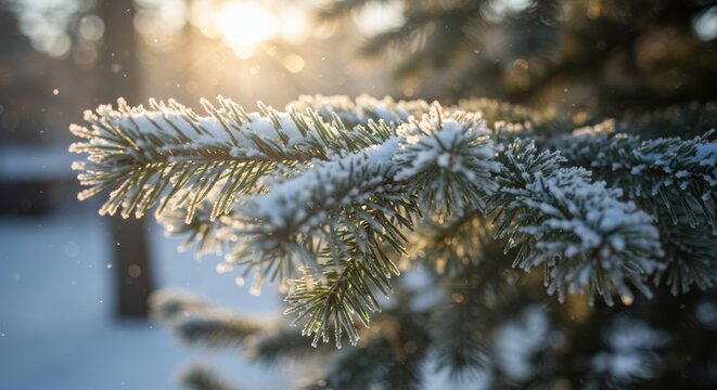 Sunlit snow-covered pine branches in winter wonderland - Powered by Adobe
