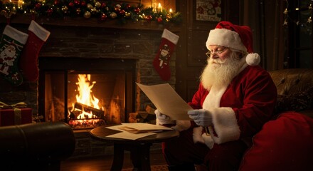 Santa claus reviewing letters by fireplace in cozy christmas setting