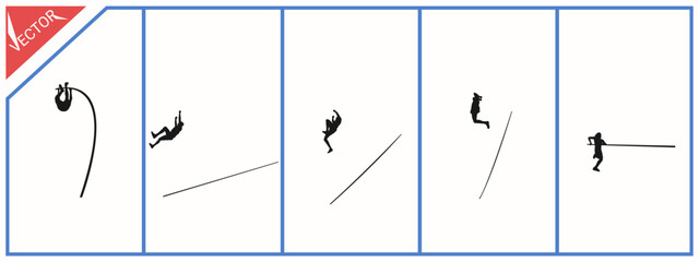 A group of pole vaulters performing various stunts. Isolated on a white background.