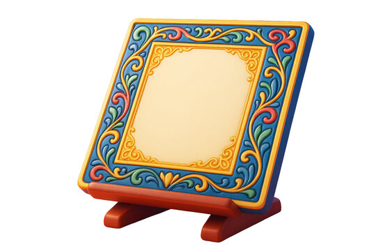 Decorative square frame with colorful ornate floral patterns on wooden stand, isolated on white background. Concept of design template. Ai generative