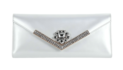 White envelope clutch with rhinestone flower accent