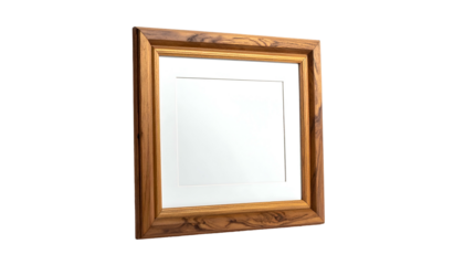 Brown wooden picture frame holds a blank white canvas