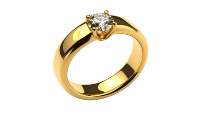 Golden ring featuring a sparkly, round cut diamond solitaire