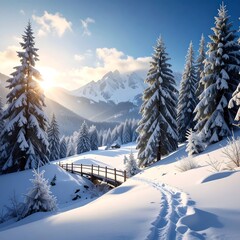 Snowy mountain landscape with sunlit pines, a wooden bridge, and footprints in the snow