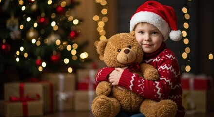 Festive child with teddy bear in santa hat by christmas tree