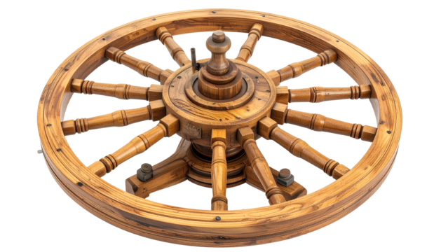 Carved wooden wheel with radial spokes & central hub