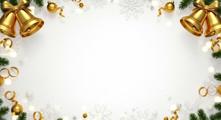 Festive holiday frame with golden bells and snowflakes on white background
