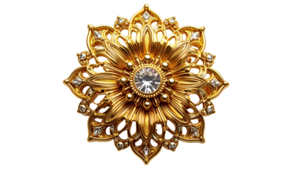 Ornate gold flower with central clear gem on transparent background