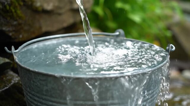Fresh water pouring into a rustic metal bucket outdoors.