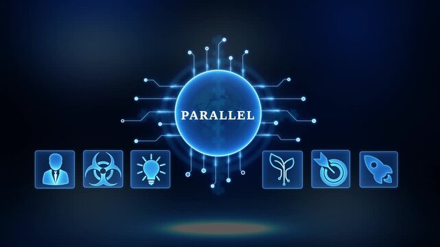 Futuristic parallel network connecting global business innovation growth and technology icons with glowing blue digital interface and dark background